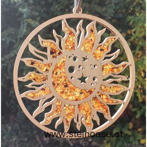 Fensterbild Suncatcher Bernstein - SONNE, MOND & STERNE Ø 20cm